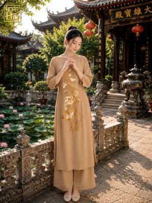 Áo dài đi chùa cổ tròn thêu sen vải lụa tằm ướt - màu kem