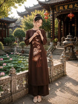 Áo dài đi chùa cổ tròn thêu sen vải lụa tằm ướt - màu nâu