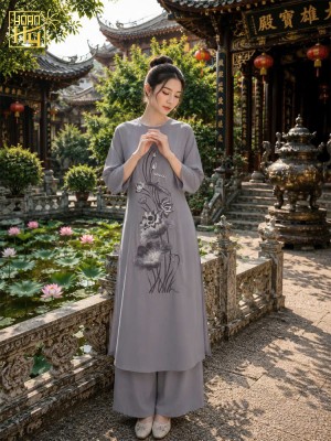 Áo dài lam đi chùa cổ tròn thêu sen - lụa tằm ướt