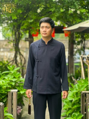 Bộ đồ lam nam đi chùa cổ trụ vạt xéo nút thắt - màu đen