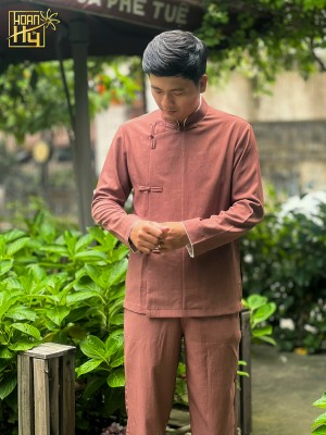 Bộ đồ lam nam đi chùa cổ trụ vạt xéo nút thắt - màu socola