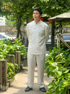 Bộ lam đi chùa nam màu trắng vạt xéo nút thắt cổ trụ