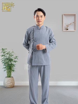 Bộ đồ lam nam đi chùa cổ trụ vạt xéo nút thắt - màu lam