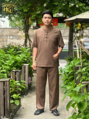 Bộ đồ lam nam đi chùa 3 nút - vải linen - màu hạt dẻ