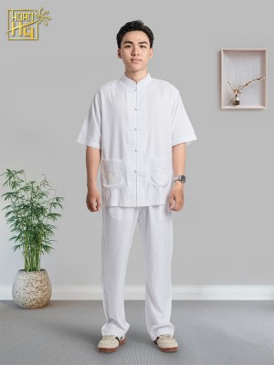 Bộ pháp phục nam màu trắng nút thắt cổ lãnh tụ - vải linen