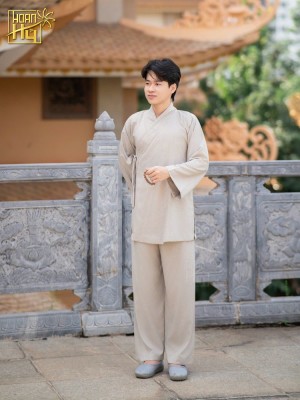 Bộ quần áo lễ chùa nam vạt xéo linen Ấn - màu kem