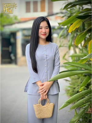 Bộ áo bà ba nữ đi chùa - vải kate lụa - màu lam