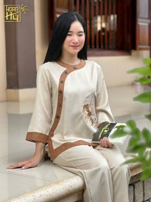 Bộ đồ lam đi chùa nữ cổ tròn phối thêu hoa sala - vải linen - màu kem