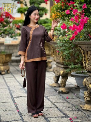 Bộ đồ lam đi chùa nữ cổ tròn phối thêu hoa sala - vải linen - màu nâu