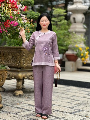 Bộ đồ lam đi chùa nữ cổ tròn phối thêu hoa sala - vải linen - màu tím ruốc