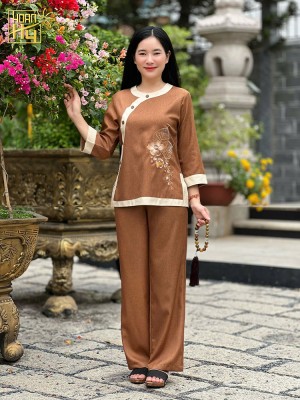 Bộ đồ lam đi chùa nữ cổ tròn phối thêu hoa sala - vải linen - màu vàng bò