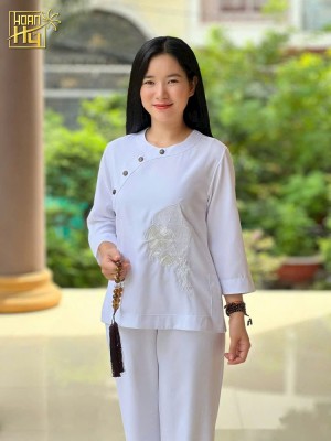 Bộ đồ lam đi chùa nữ cổ tròn phối thêu hoa sala - vải linen - màu trắng