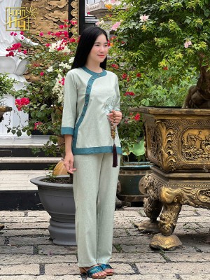 Bộ đồ lam đi chùa nữ cổ tròn phối thêu hoa sala - vải linen - màu xanh ngọc