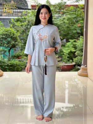 Bộ đồ lam đi chùa thêu An Nhiên - vải linen - màu lam