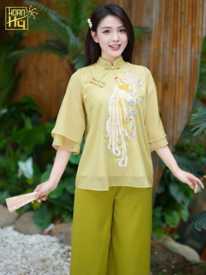 Bộ đồ đi chùa tơ voan thêu khổng tước - xanh cốm