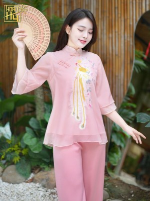 Bộ quần áo lễ chùa thêu khổng tước vải tơ voan - màu hồng