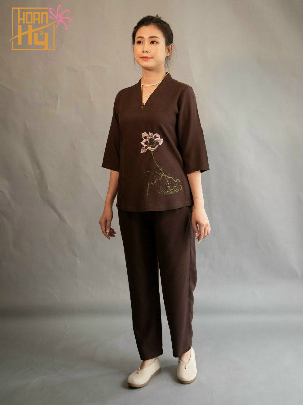 PP009 - Bộ đồ đi chùa nữ vải Linen Đài Loan - Màu nâu