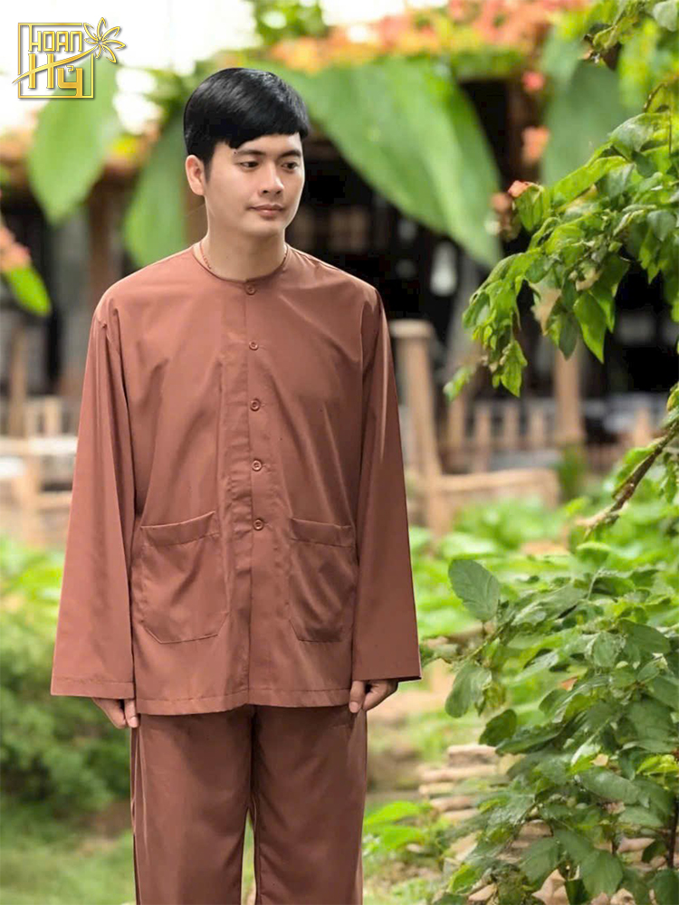 Áo bà ba  truyền thống đi chùa cho nam vải kate - màu socola