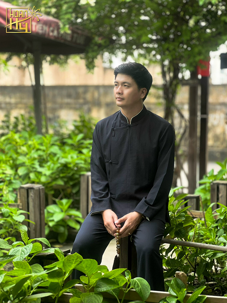 Bộ đồ lam nam đi chùa cổ trụ vạt xéo nút thắt - màu đen