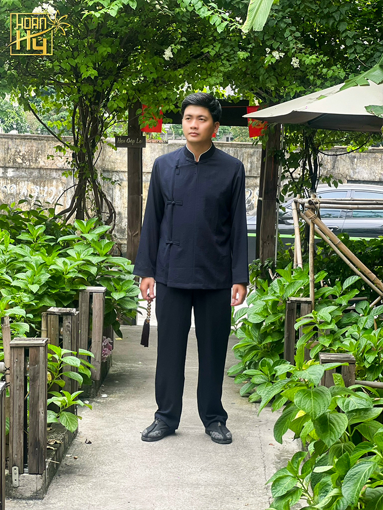 Bộ đồ lam nam đi chùa cổ trụ vạt xéo nút thắt - màu đen
