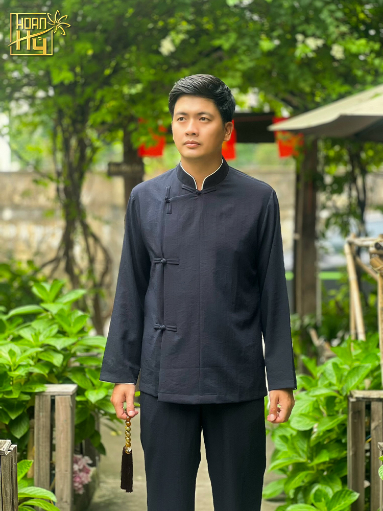Bộ đồ lam nam đi chùa cổ trụ vạt xéo nút thắt - màu đen
