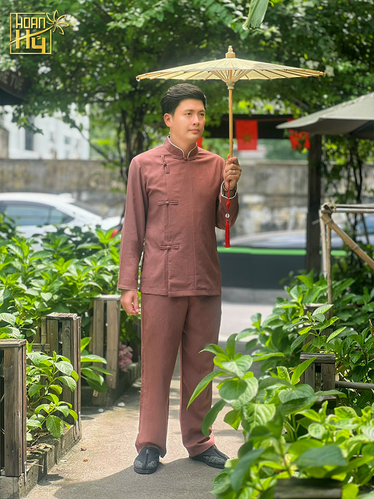 Bộ đồ lam nam đi chùa cổ trụ vạt xéo nút thắt - màu socola
