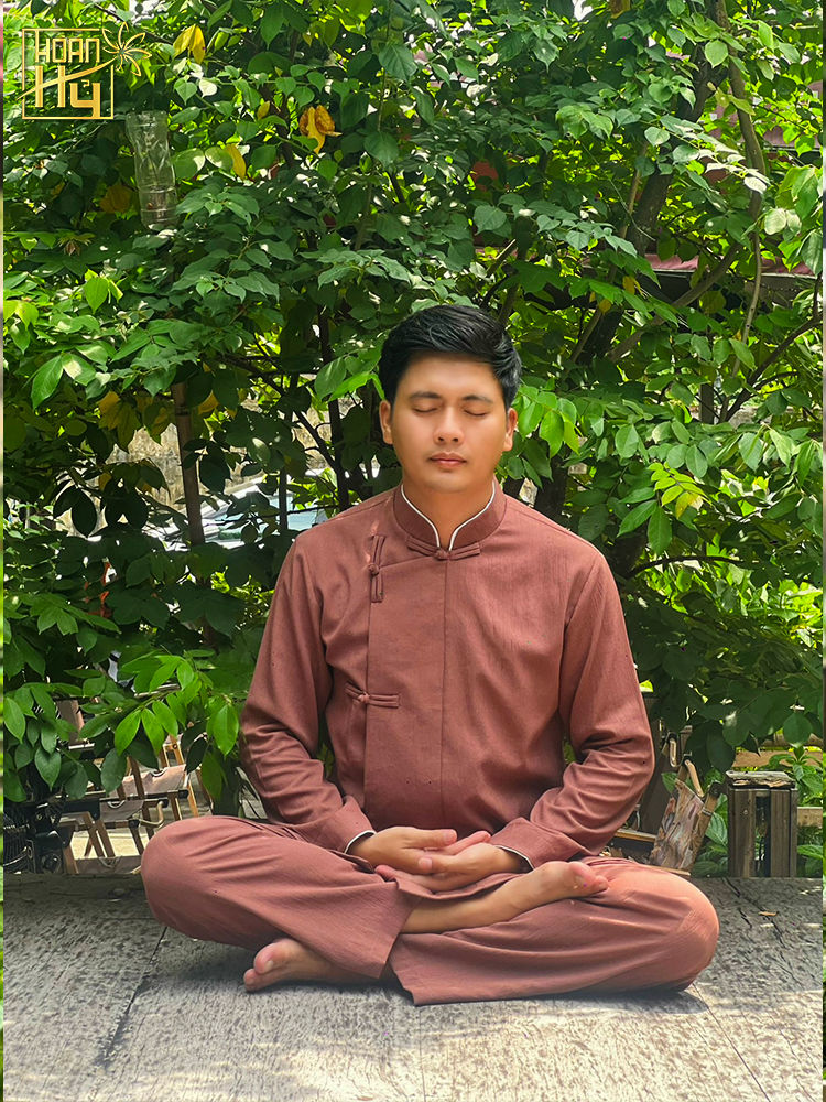 Bộ đồ lam nam đi chùa cổ trụ vạt xéo nút thắt - màu socola