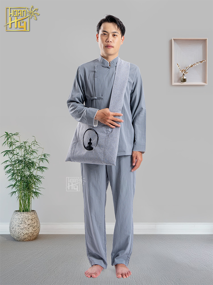 Bộ đồ lam nam đi chùa cổ trụ vạt xéo nút thắt - màu lam