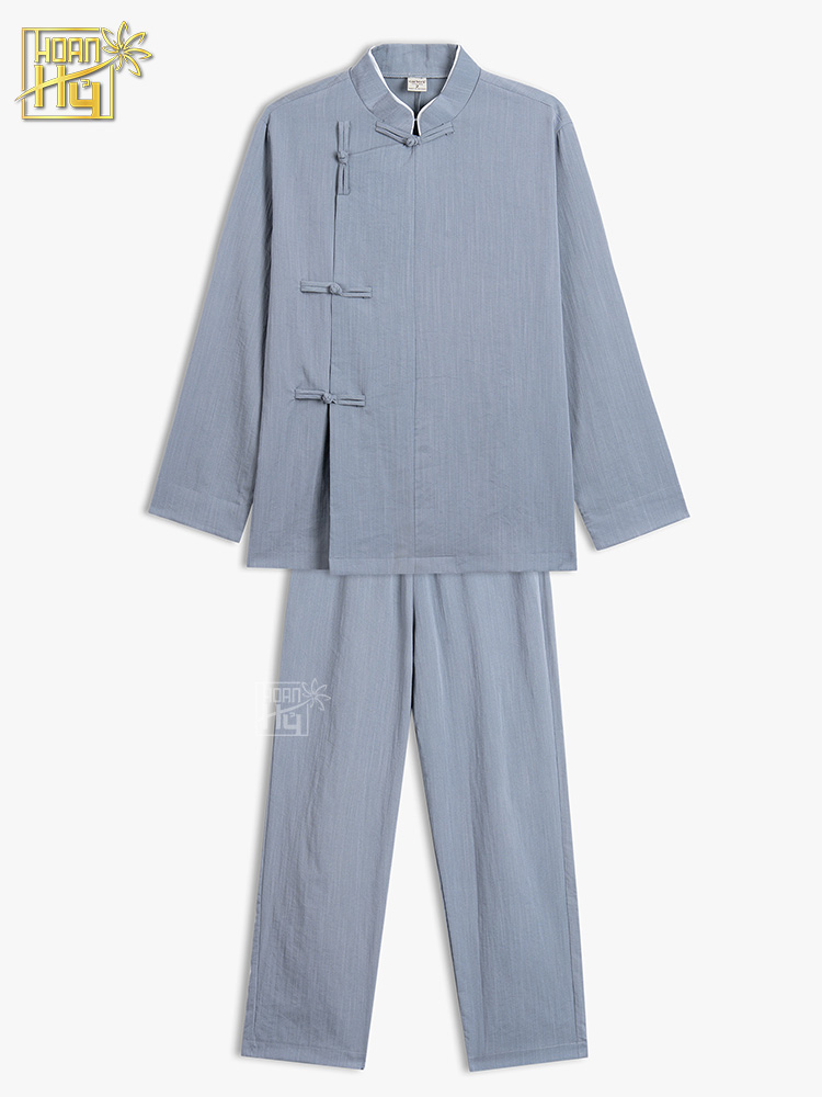 Bộ đồ lam nam đi chùa cổ trụ vạt xéo nút thắt - màu lam