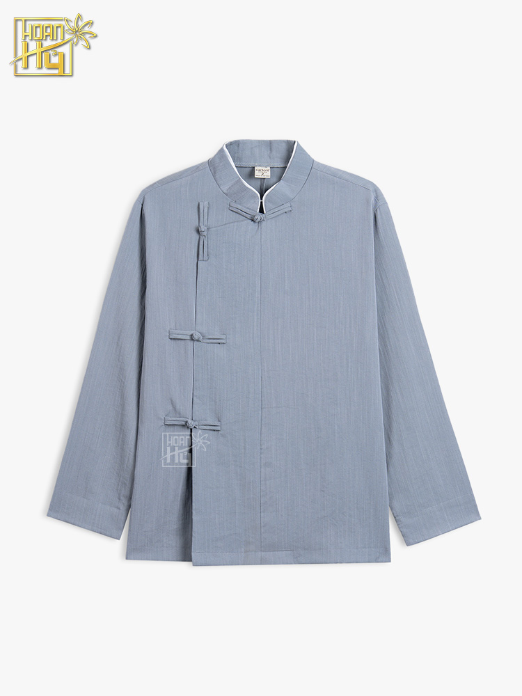 Bộ đồ lam nam đi chùa cổ trụ vạt xéo nút thắt - màu lam