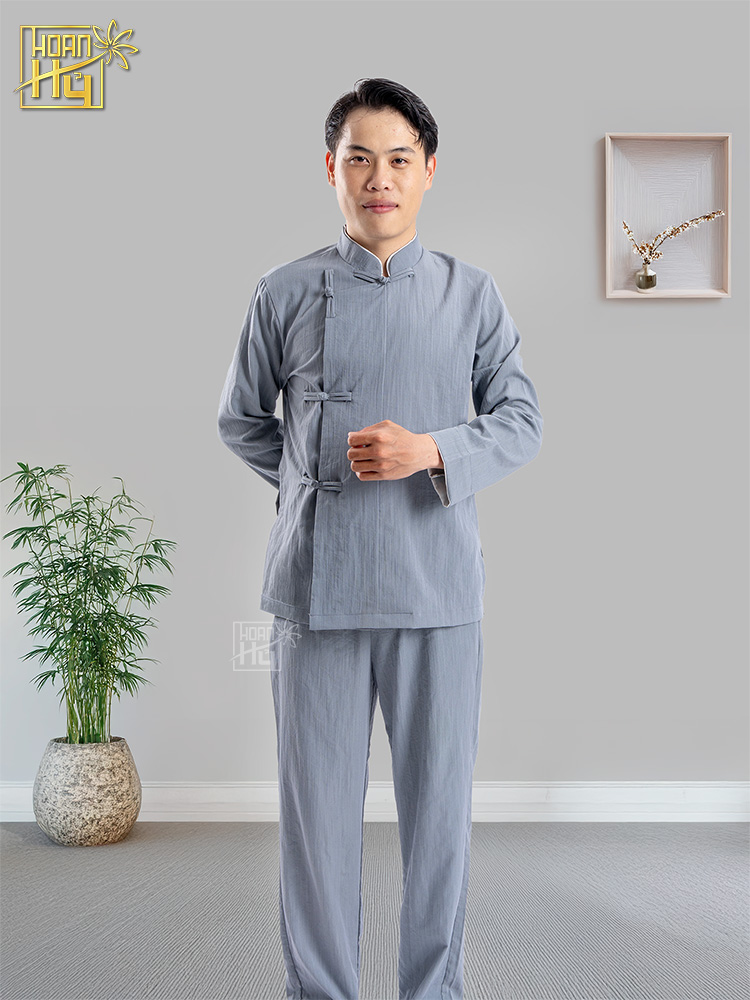 Bộ đồ lam nam đi chùa cổ trụ vạt xéo nút thắt - màu lam