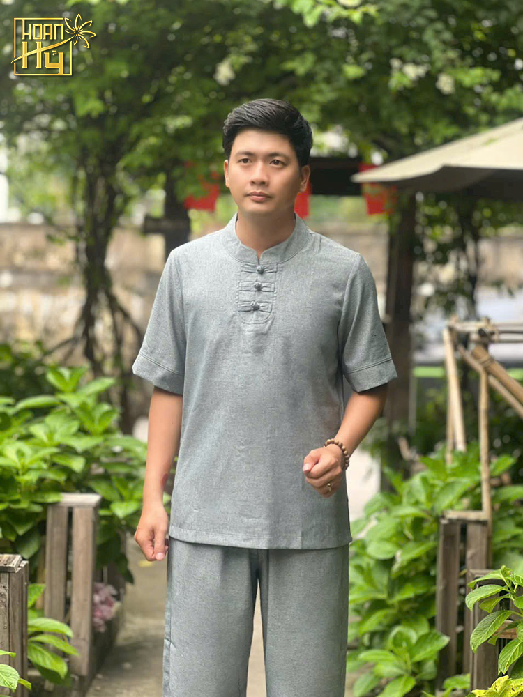 Bộ đồ lam nam đi chùa 3 nút - vải linen - màu xám chì