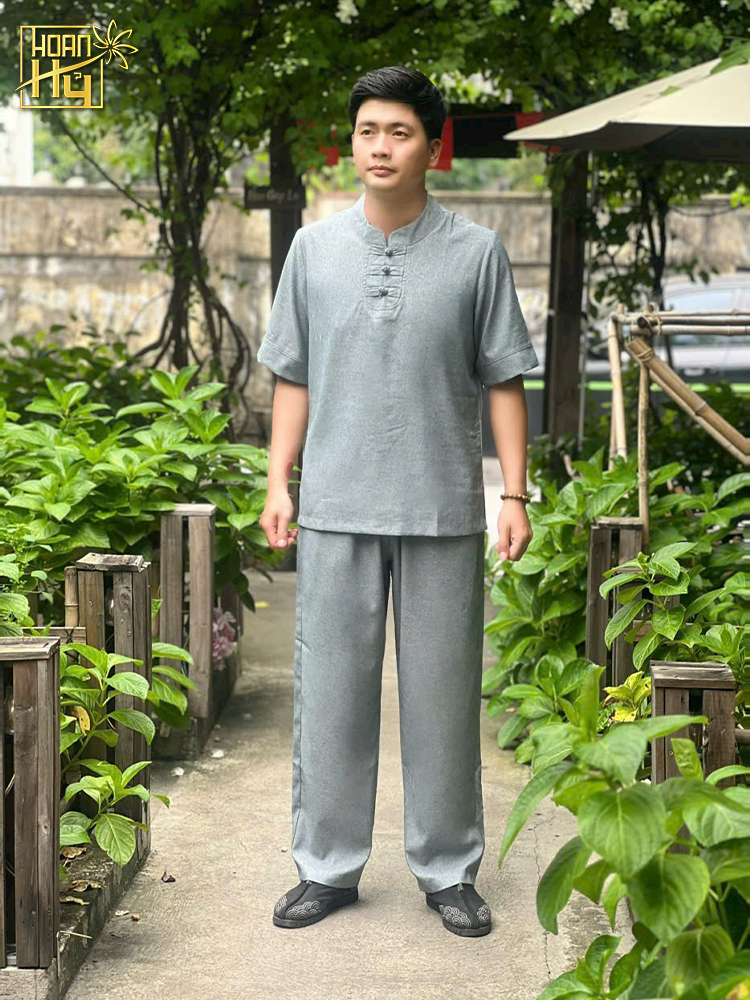 Bộ đồ lam nam đi chùa 3 nút - vải linen - màu xám chì