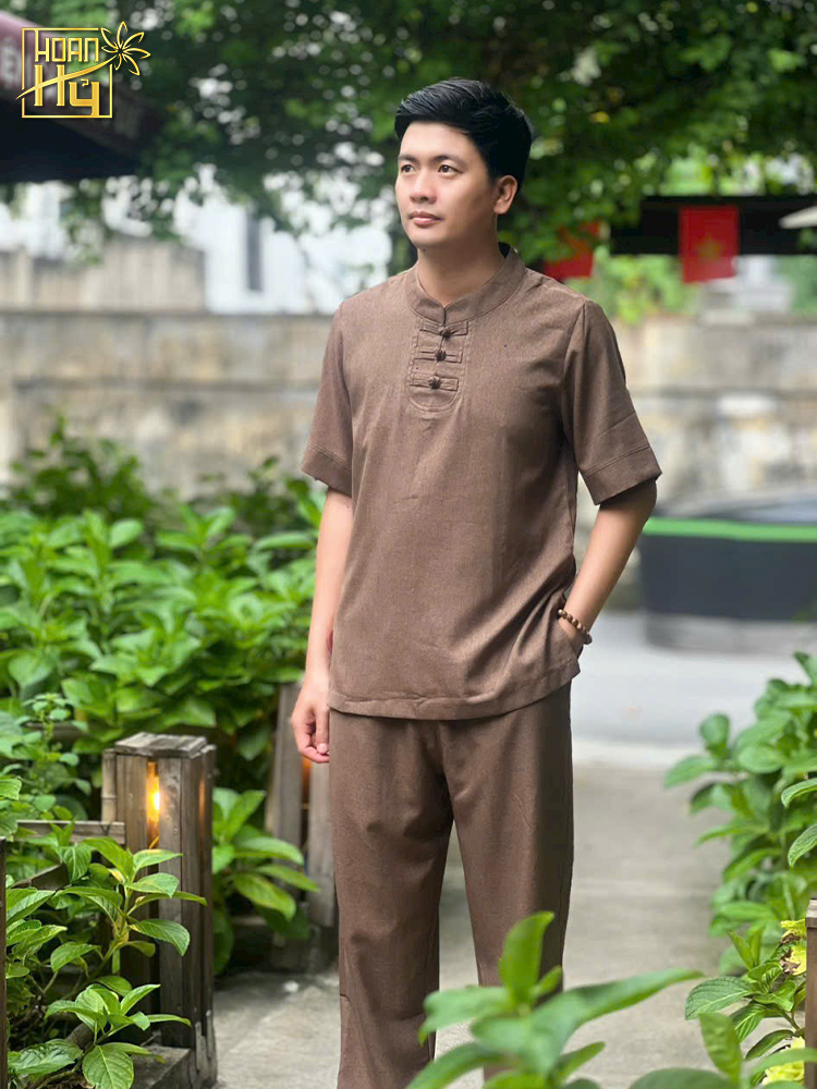 Bộ đồ lam nam đi chùa 3 nút - vải linen - màu hạt dẻ