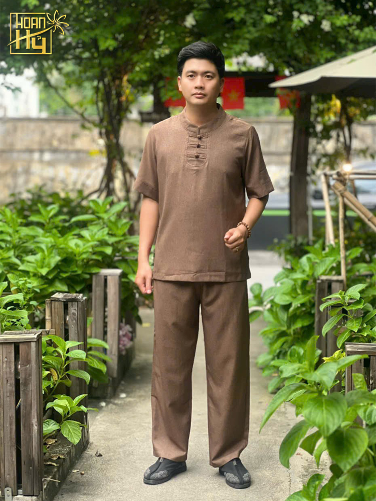 Bộ đồ lam nam đi chùa 3 nút - vải linen - màu hạt dẻ