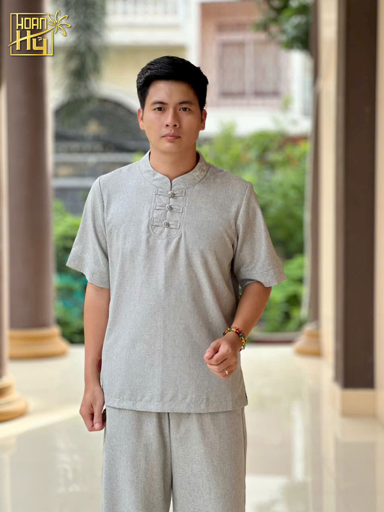 Bộ đồ lam nam đi chùa 3 nút - vải linen - màu lam