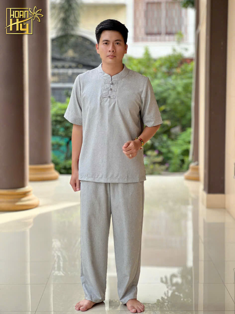 Bộ đồ lam nam đi chùa 3 nút - vải linen - màu lam
