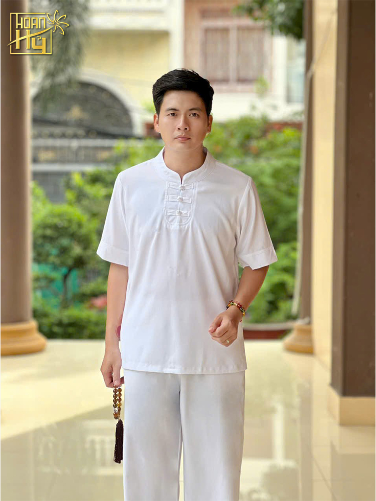 Bộ đồ lam nam đi chùa 3 nút - vải linen - màu trắng