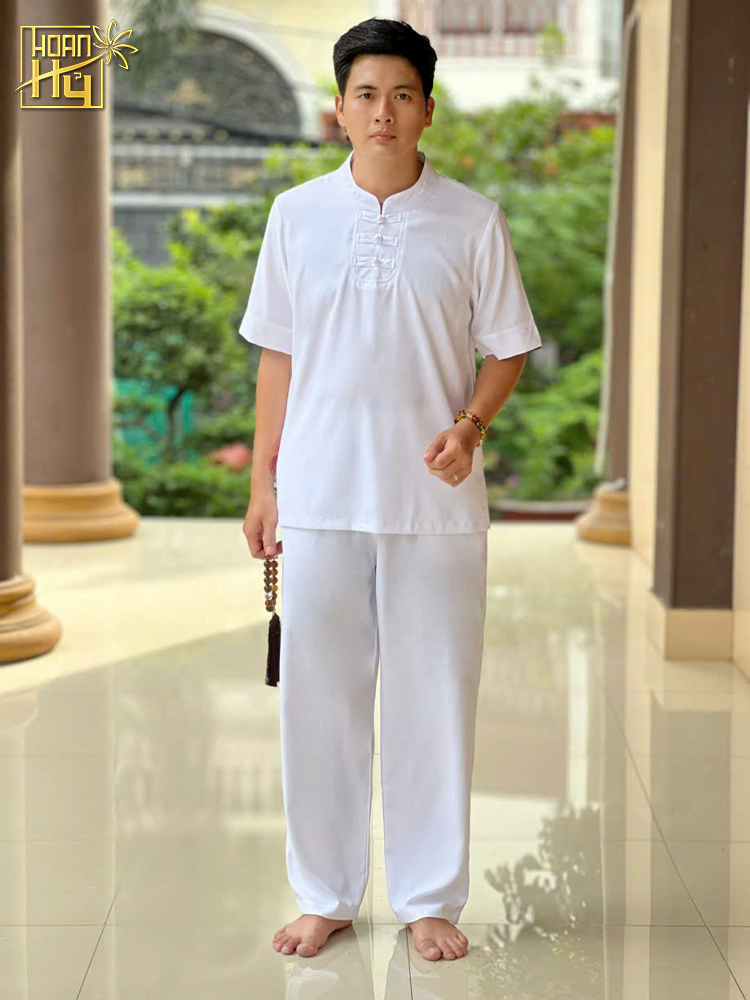 Bộ đồ lam nam đi chùa 3 nút - vải linen - màu trắng