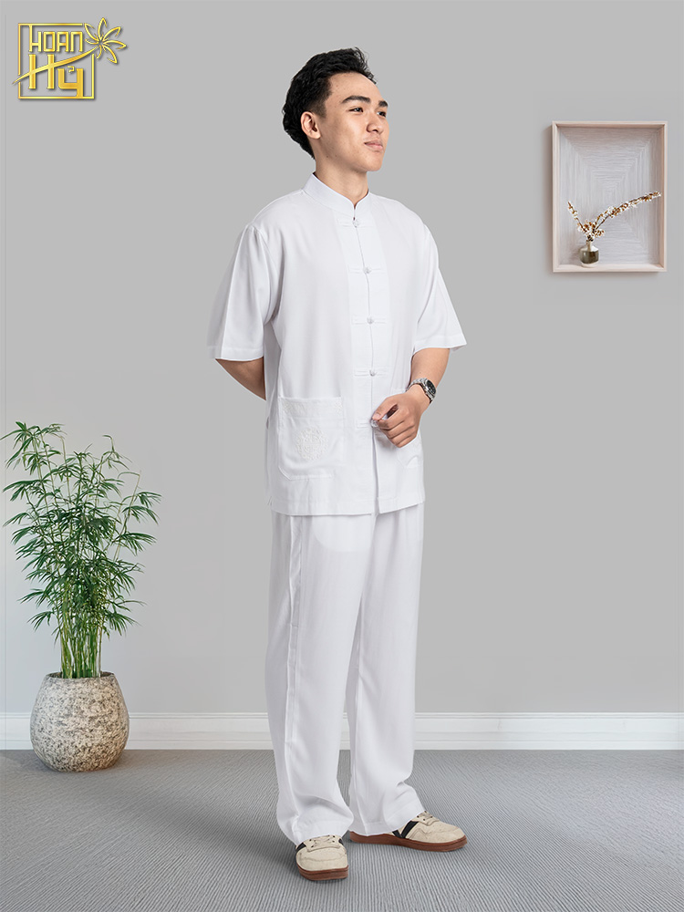 Bộ pháp phục nam màu trắng nút thắt cổ lãnh tụ - vải linen