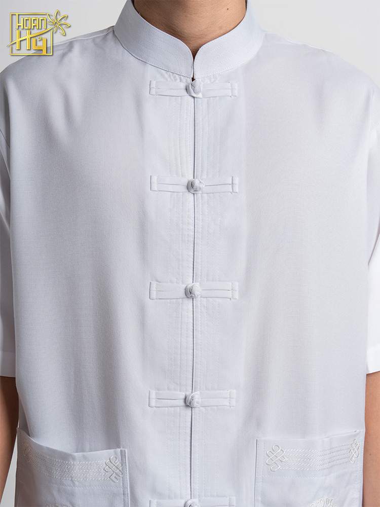 Bộ pháp phục nam màu trắng nút thắt cổ lãnh tụ - vải linen