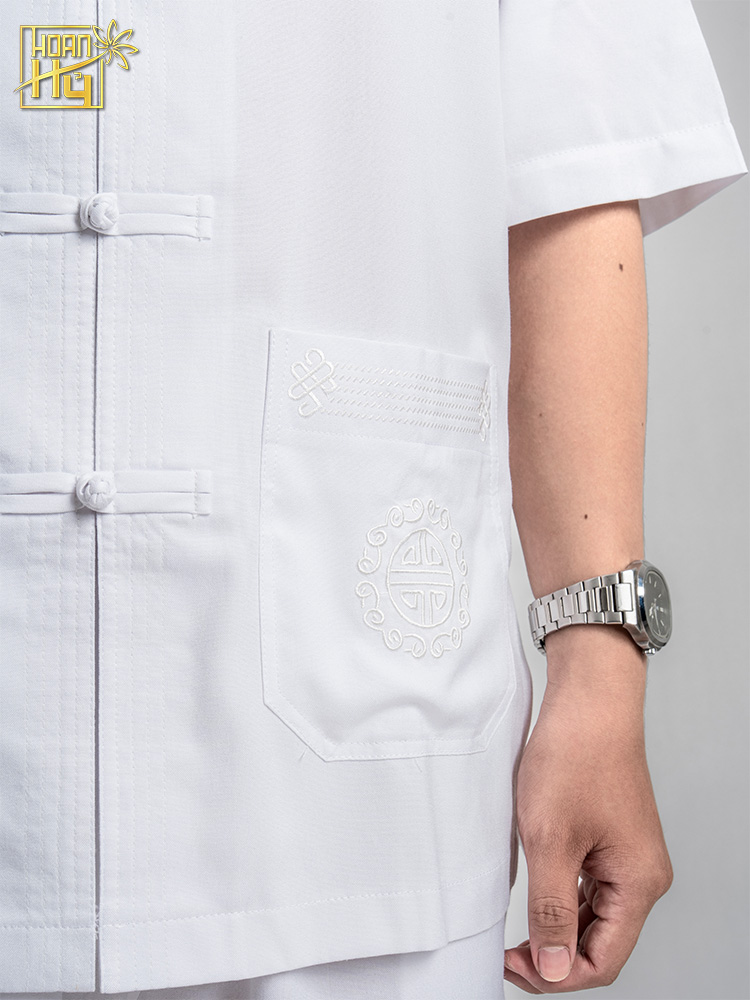 Bộ pháp phục nam màu trắng nút thắt cổ lãnh tụ - vải linen