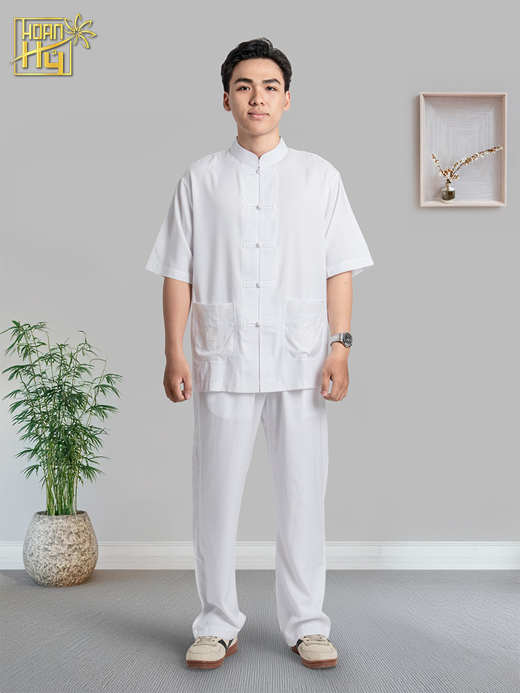 Bộ pháp phục nam màu trắng nút thắt cổ lãnh tụ - vải linen