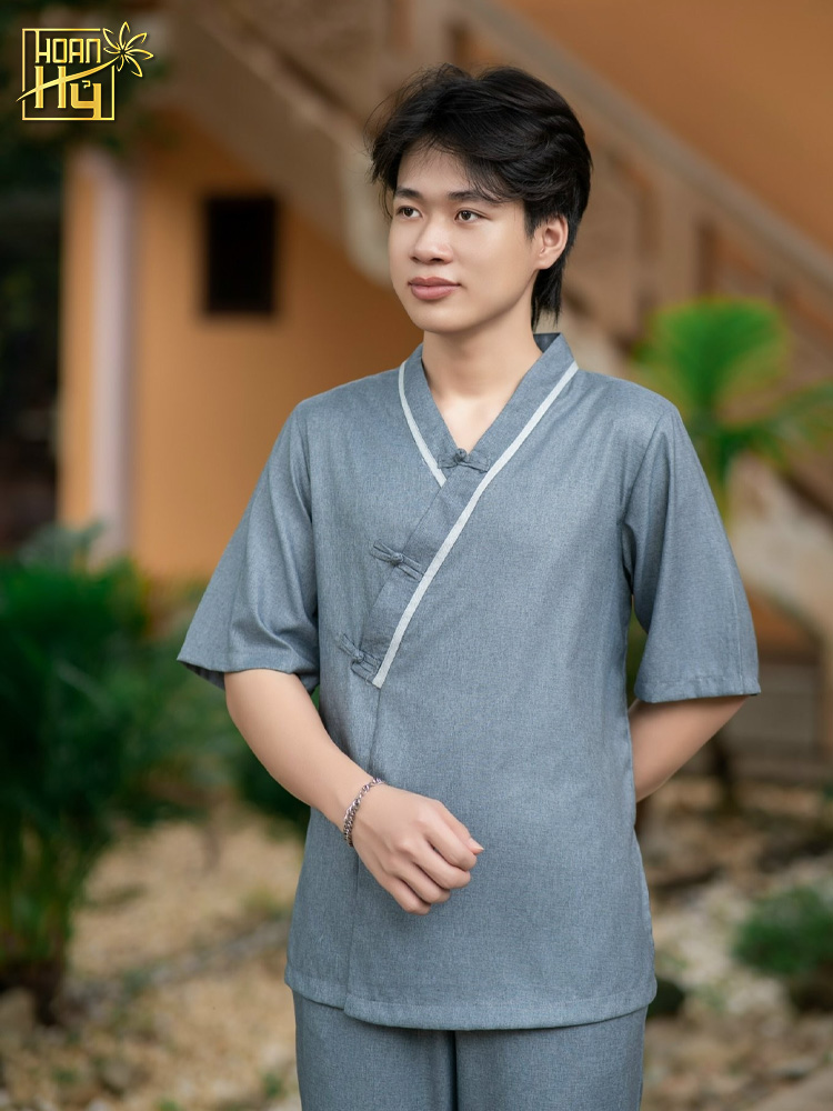 Bộ pháp phục nam vạt xéo 3 nút linen ấn - màu chì