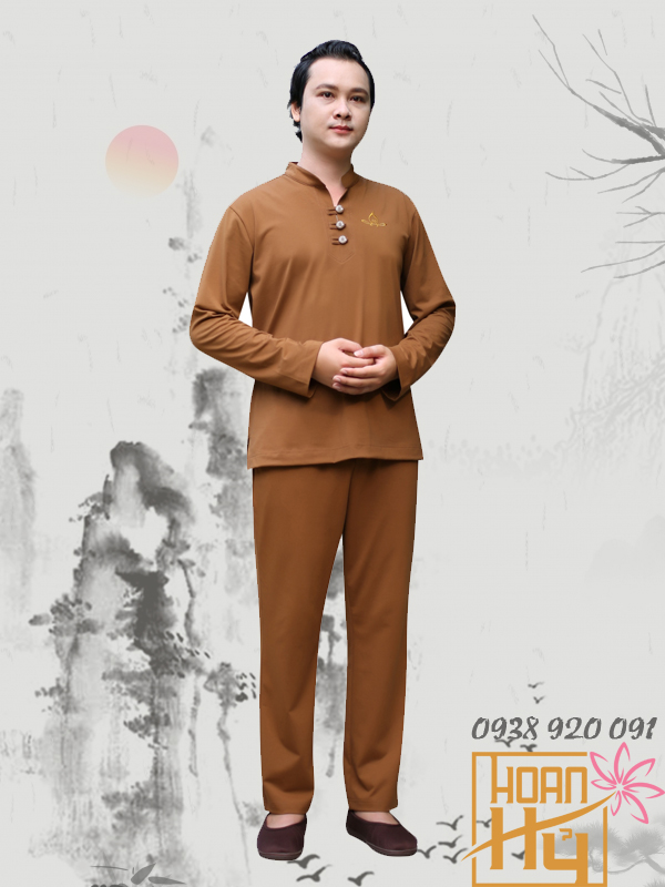 Mẫu PP010 - Bộ quần áo Phật tử nam dài tay cổ trụ - thun Compact