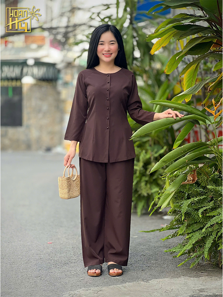 Bộ áo bà ba nữ đi chùa - vải kate lụa - màu nâu