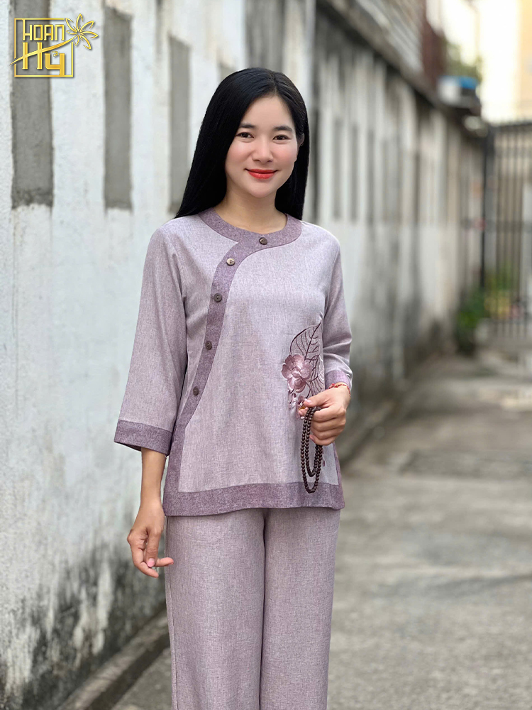Bộ đồ lam đi chùa nữ cổ tròn phối thêu hoa sala - vải linen - màu tím môn