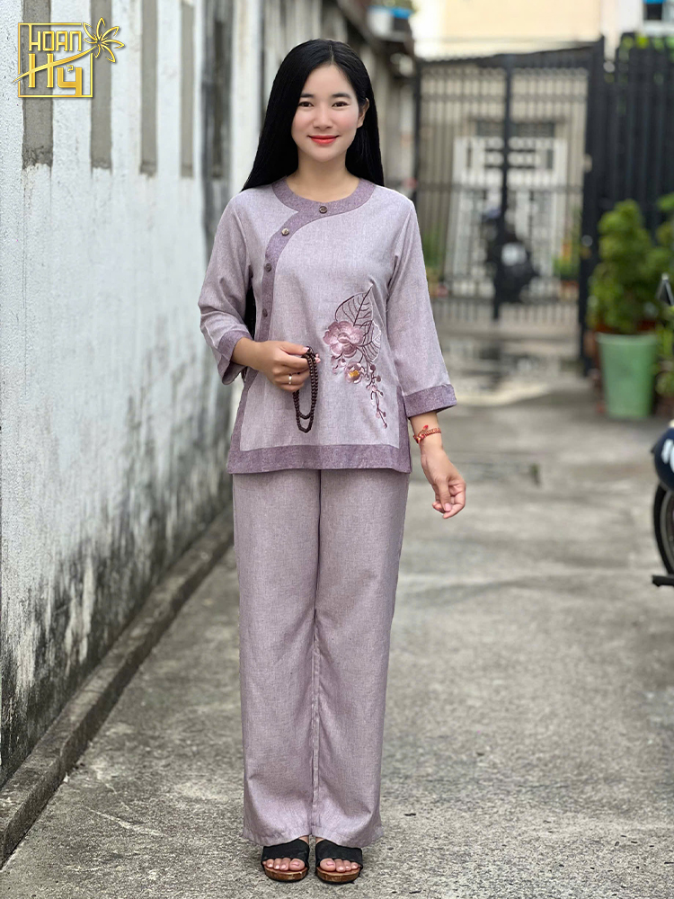 Bộ đồ lam đi chùa nữ cổ tròn phối thêu hoa sala - vải linen - màu tím môn