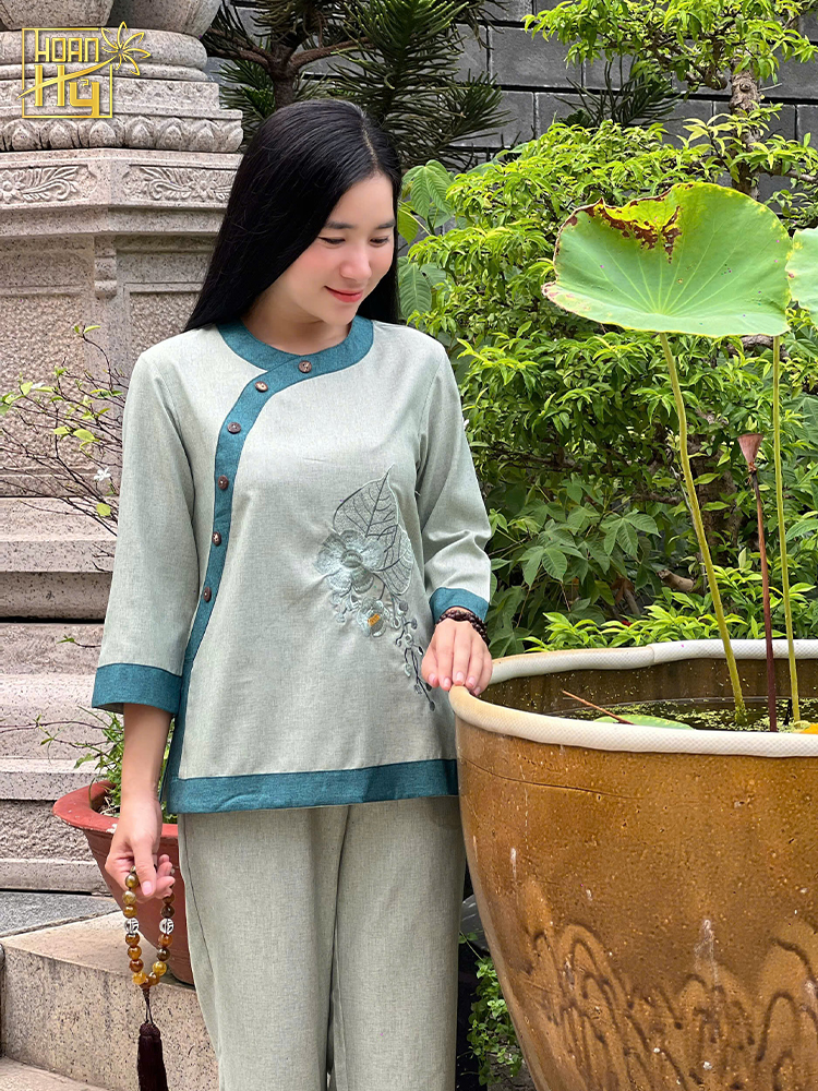 Bộ đồ lam đi chùa nữ cổ tròn phối thêu hoa sala - vải linen - màu xanh ngọc