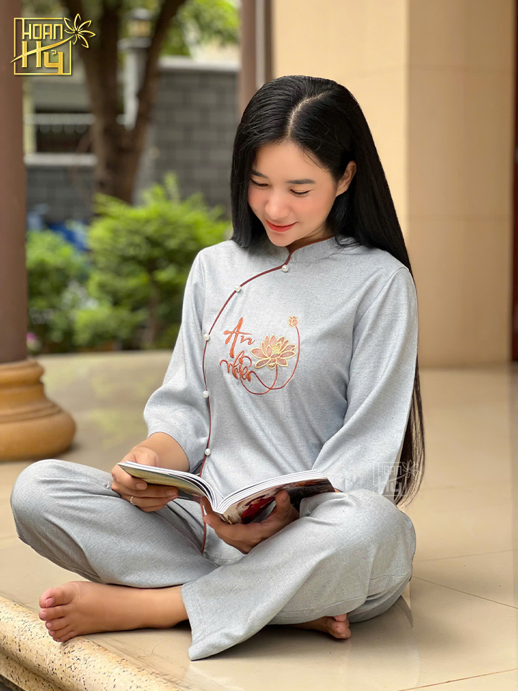 Bộ đồ lam đi chùa thêu An Nhiên - vải linen - màu lam